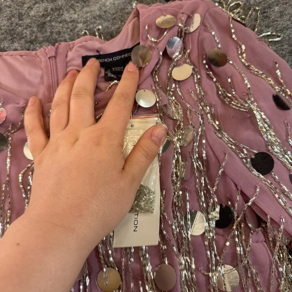 French Connection Formal Silk Long Sleeve Sequin Fringe Western Mini Dress - Picture 5 of 5